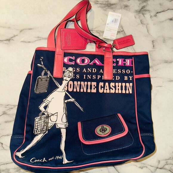 Y2K Vintage Coach Bonnie Cashin Tote Bag Handbag Canvas Blue Pink Leather CLEANN - Picture 8 of 12